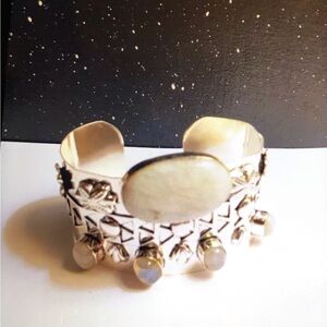 Moonstone Stamped Solid 925 Sterling Silver Cuff Bracelet